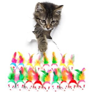 Ejiaya Cat Mouse Toys,12 PCS Cat Toy Mice Rattle Set,Interactive Cat Toy for Indoor Cats and Kittens,Assorted Color Catnip Toys with Feather Tail