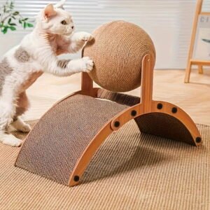 Cat Scratcher with Sisal Ball & Tunnel Toy, Solid Wood Slanted Cat Scratching Board Design, 2-in-1 Interactive Cat Scratcher Toy for Indoor Cat Kittens