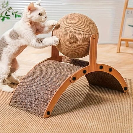 Cat Scratcher with Sisal Ball & Tunnel Toy, Solid Wood Slanted Cat Scratching Board Design, 2-in-1 Interactive Cat Scratcher Toy for Indoor Cat Kittens
