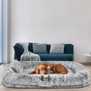 Dextrus Human Dog Bed, Oversized Memory Foam Dog Bed, 79″x43″ with Included Blanket and Pillow, RMachine Washable Fur Cover, Dark Brown