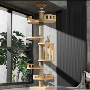 PEAKORA Wood Cat Tower Cat Climbing Tree Scratching Tree Activity Center 100.4-104.3″ US,Wooden Floor to Ceiling Cat Tree Tower Natural Sisal Rope Scratching Post