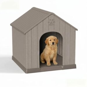 Weatherproof Plastic Dog House Indoor Outdoor Small Pet Kennel with Air Vents Tool-Free Assembly Durable Resin Shelter for Patio Porch Living Room Gray
