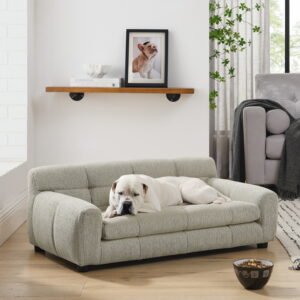 Hemvt Modern Pet Sofa Bed with Supportive Backrest, Rectangular Durable Linen Dog Couch for Medium Dogs, Ergonomic Foam Pet Sofa with Armrests