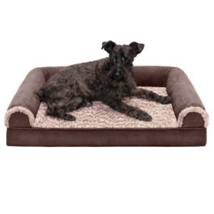 FurHaven Two-Tone Faux Fur & Suede Full Support Orthopedic Sofa Pet Bed for Dogs & Cats – Medium, Espresso