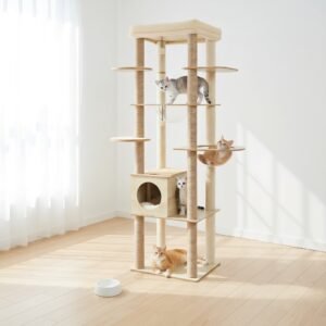 Pefilos 71″ Wooden Cat Tower for Adult Cats, Modern Cat Tree Tower with Cozy Condo, Kitty Climbing Play House for Indoor Cats, Beige