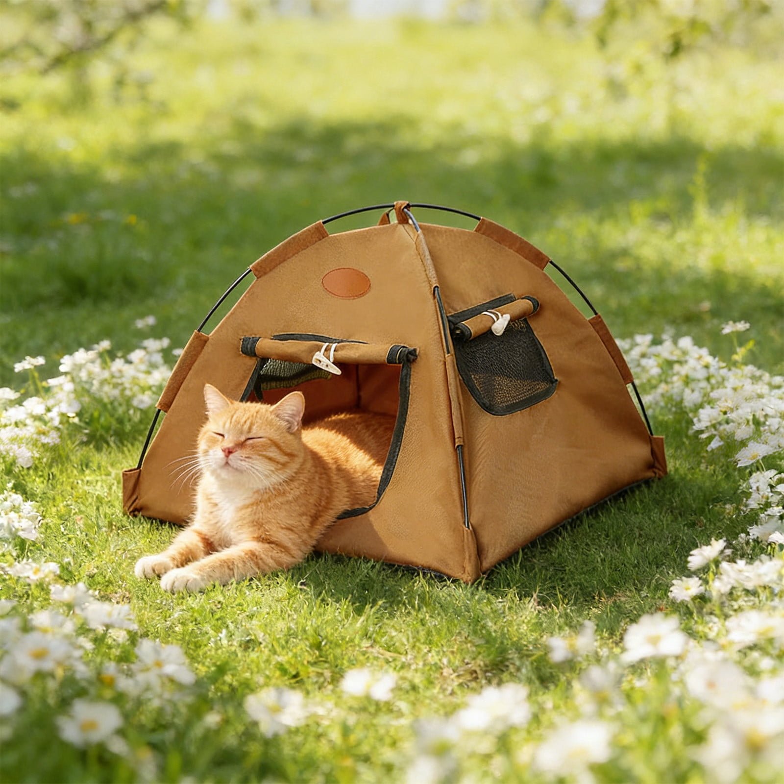Pet Tent for Cats and Dogs, Semi Enclosed Camping Style Pet Bed Shelter, Washable Portable Folding Pet House for Small Medium Dogs Cats, Indoor Outdoor Travel Use, Cloth Construction, Brown, M